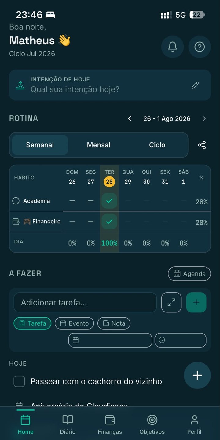 Tela inicial do app com a intenção de hoje e a grade de hábitos da semana
