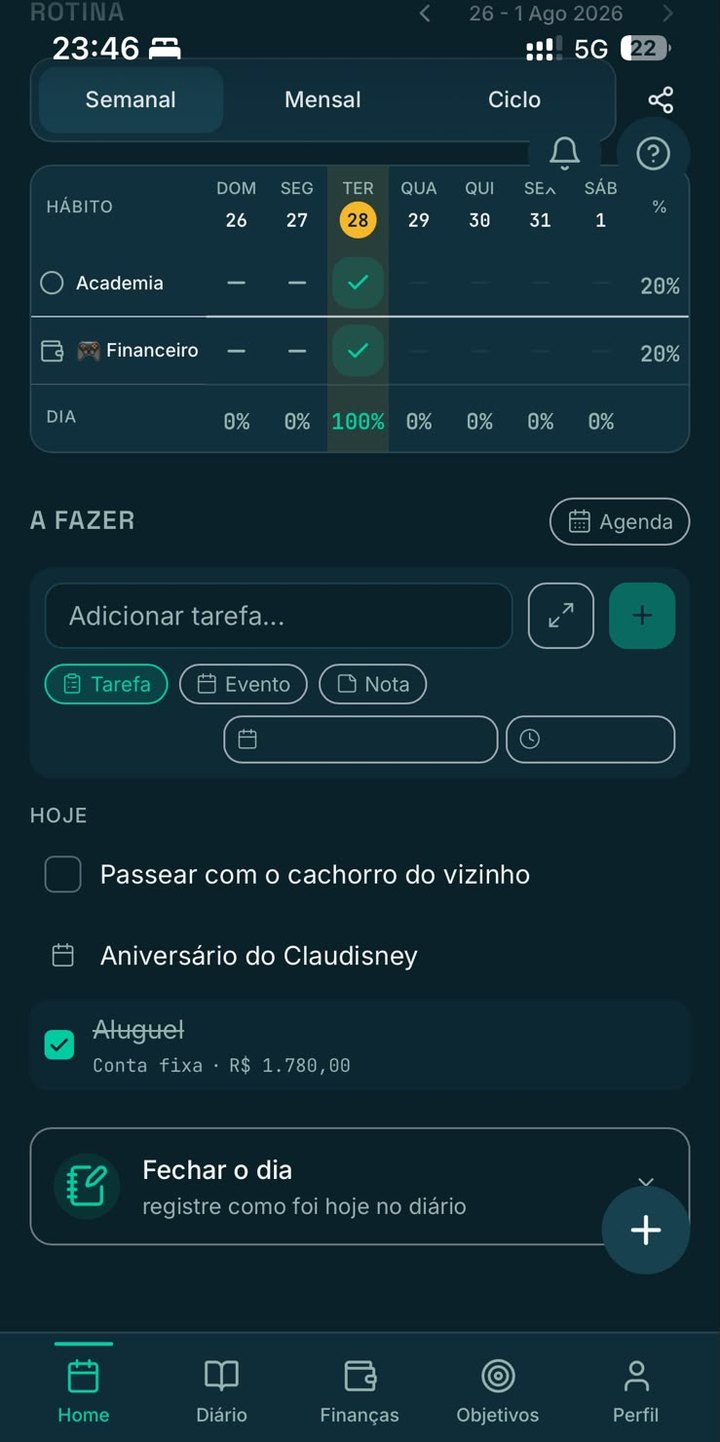 Lista do dia com tarefa, evento, conta fixa paga e o card de fechar o dia