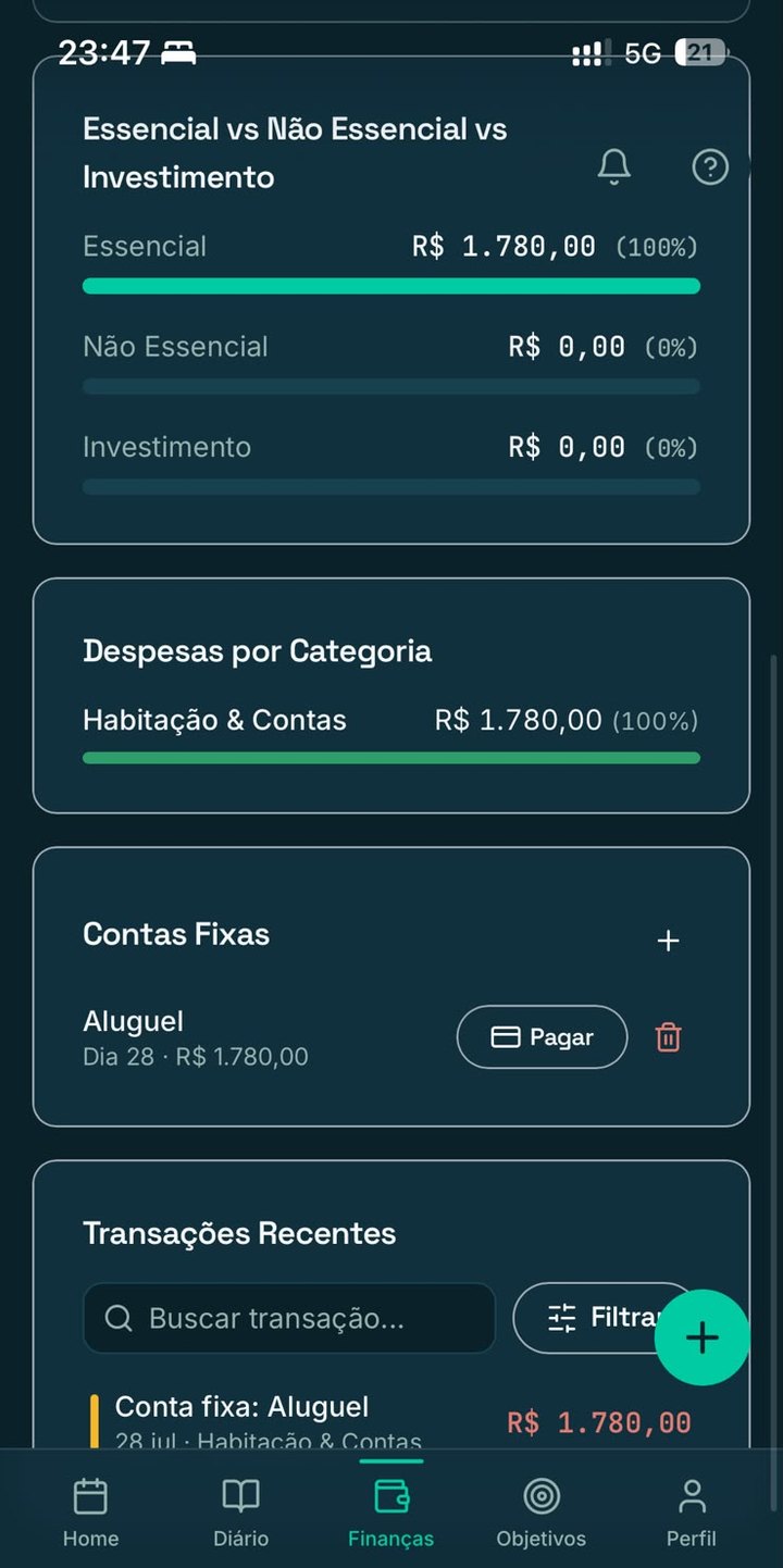 Divisão dos gastos entre essencial, não essencial e investimento