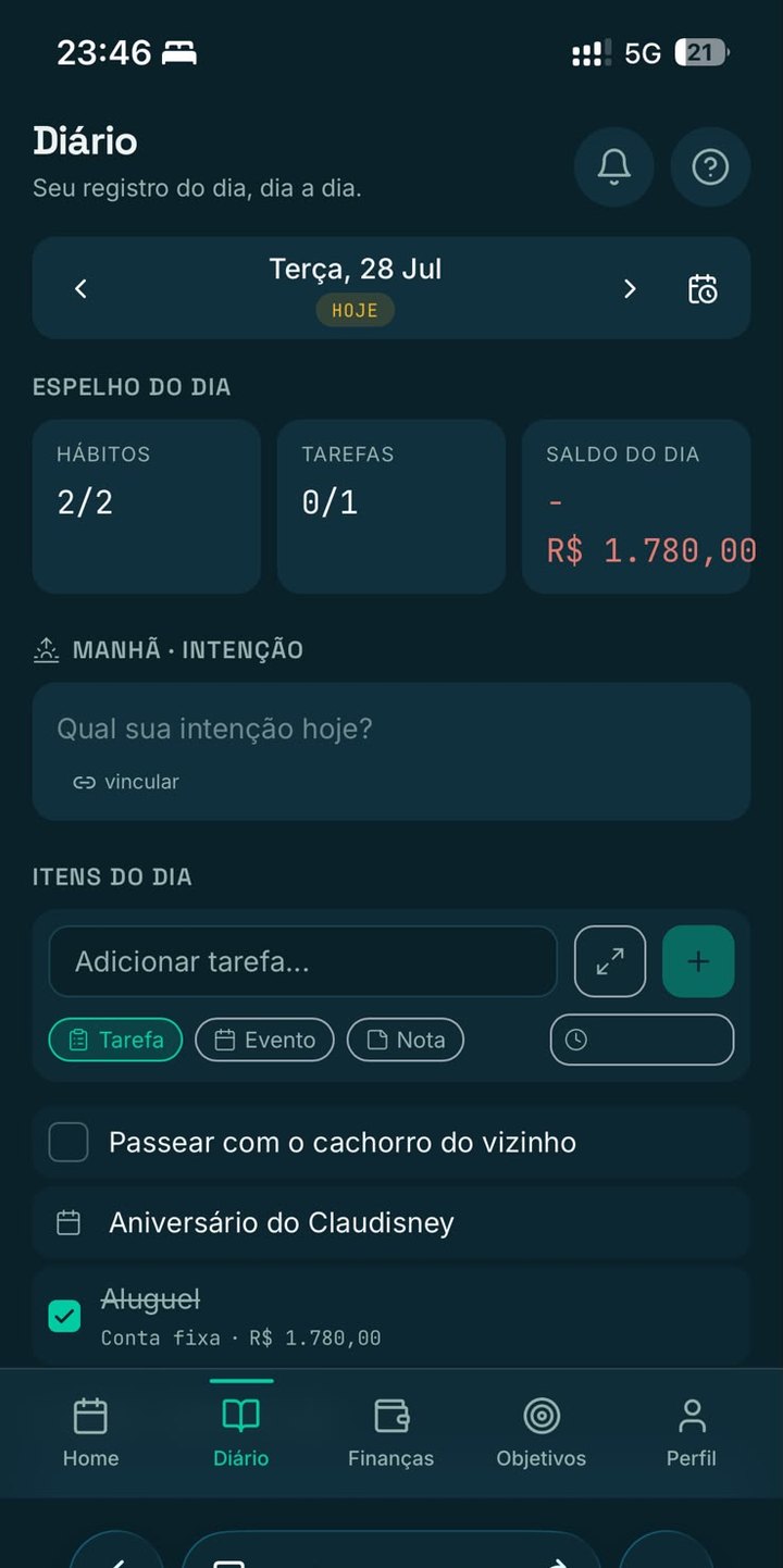 Página do dia no diário com o espelho do dia e a intenção da manhã