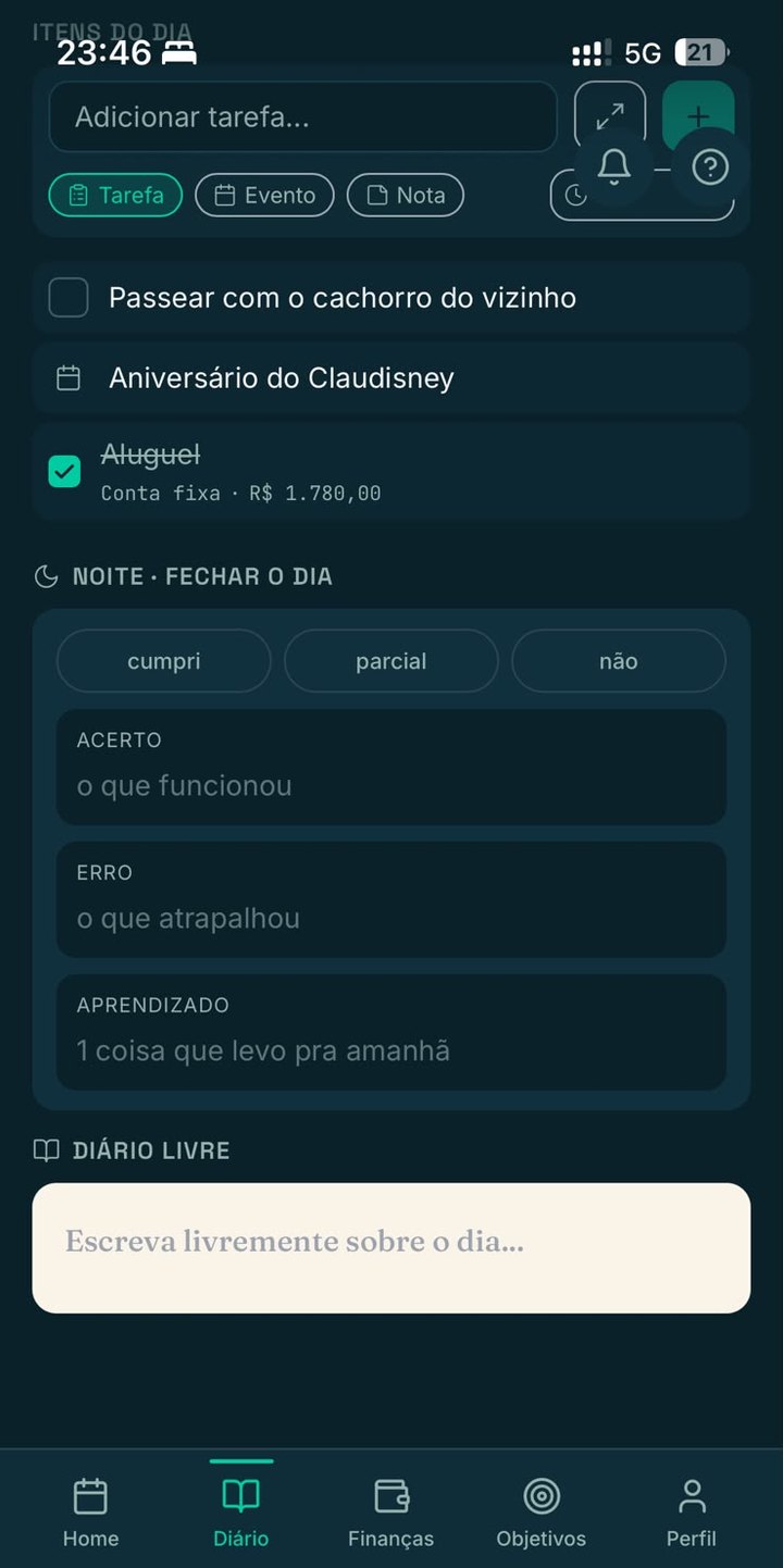 Bloco de fechar o dia com acerto, erro, aprendizado e o diário livre