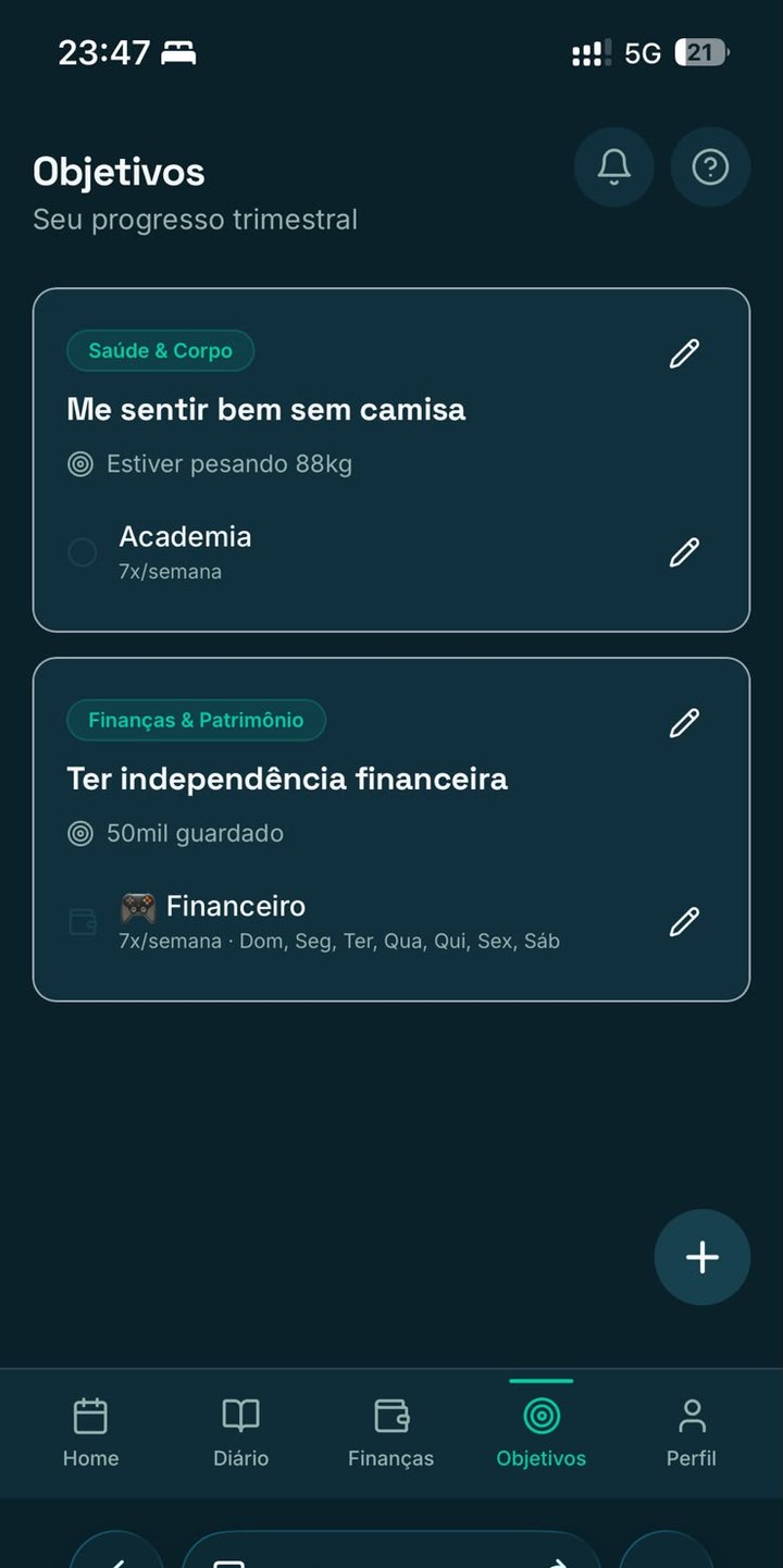 Tela de objetivos do ciclo com os hábitos ligados a cada objetivo